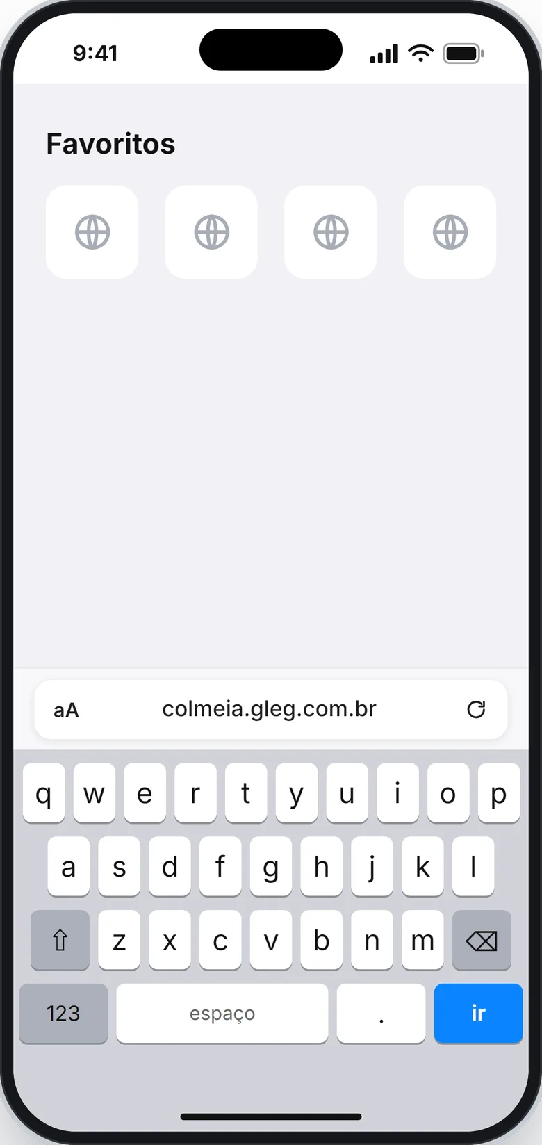 Safari com o endereço colmeia.gleg.com.br digitado na barra de endereço