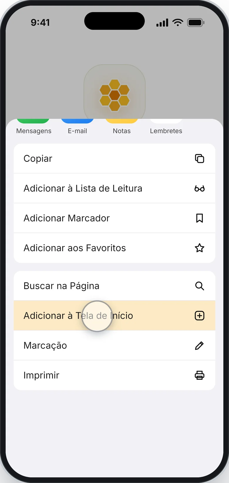 Lista do Compartilhar com a opção Adicionar à Tela de Início em destaque