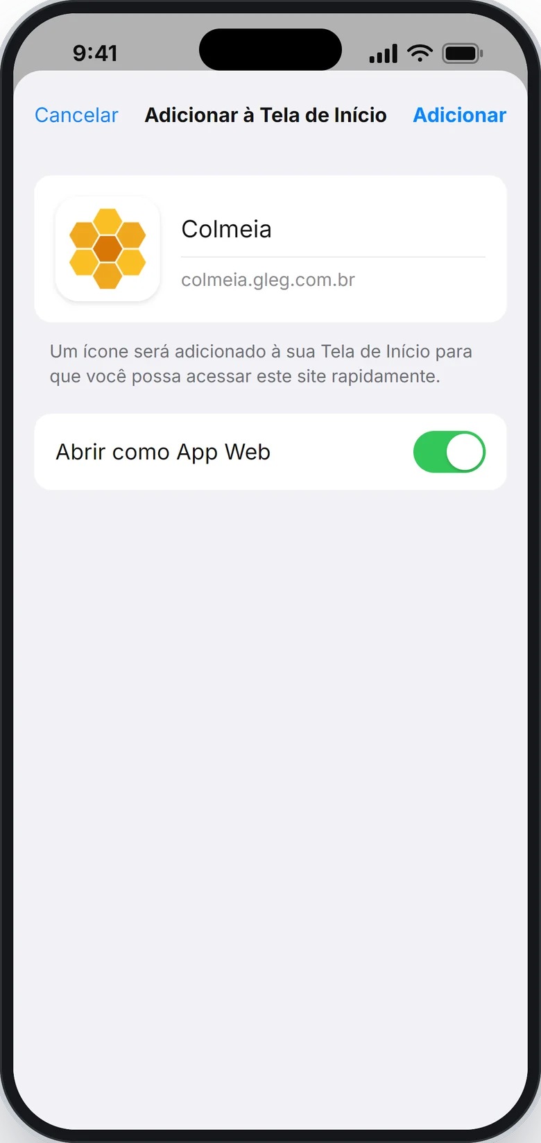 Tela Adicionar à Tela de Início com o nome Colmeia e o botão Adicionar