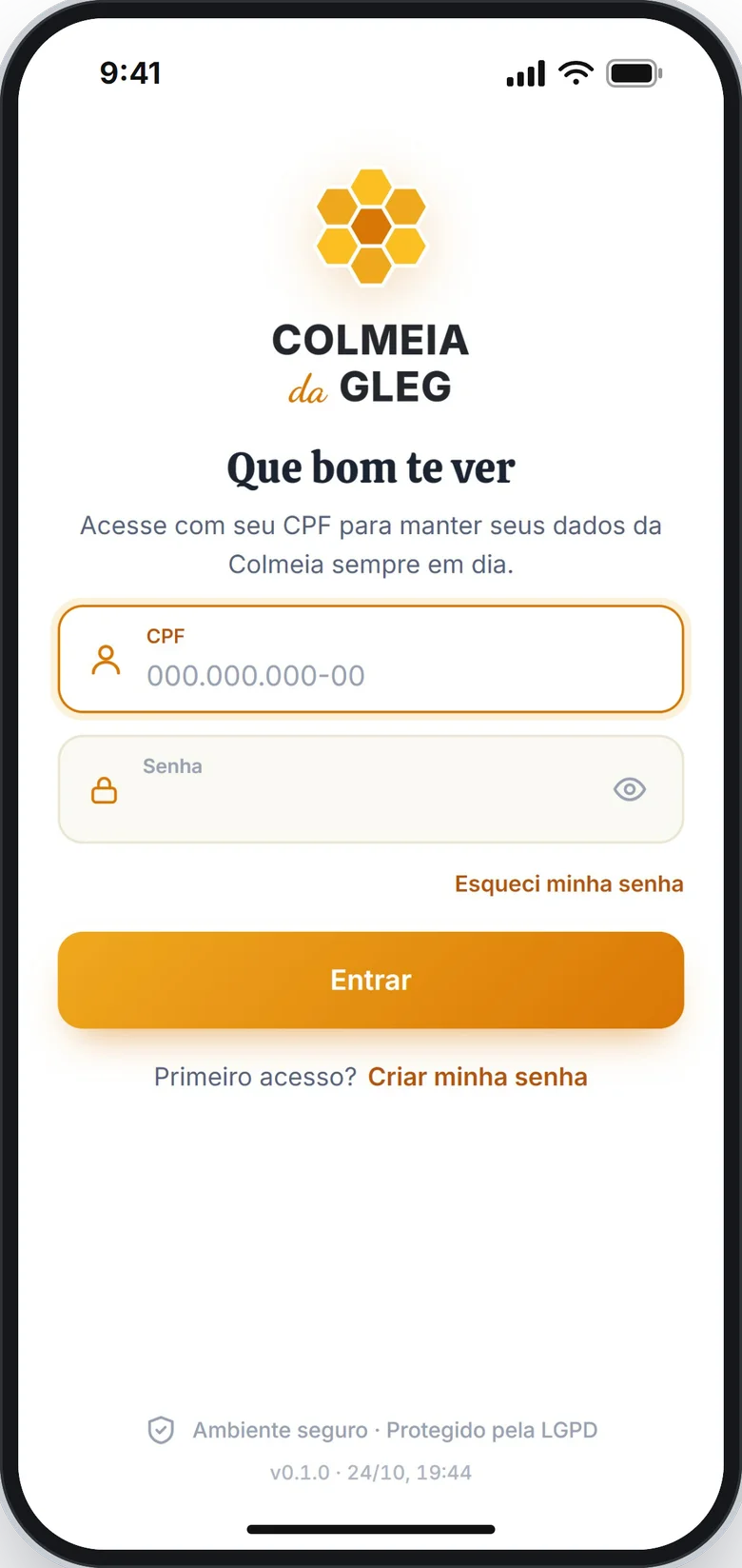 Aplicativo da Colmeia aberto na tela de entrada