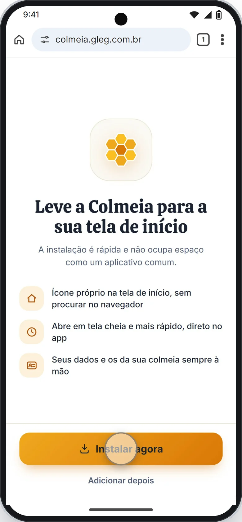 Convite "Leve a Colmeia para a sua tela de início" com o botão Instalar agora em destaque