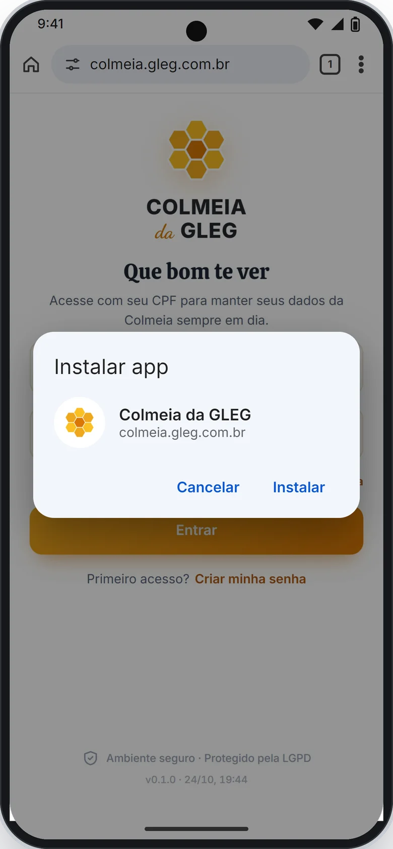 Janela Instalar app do Chrome com os botões Cancelar e Instalar