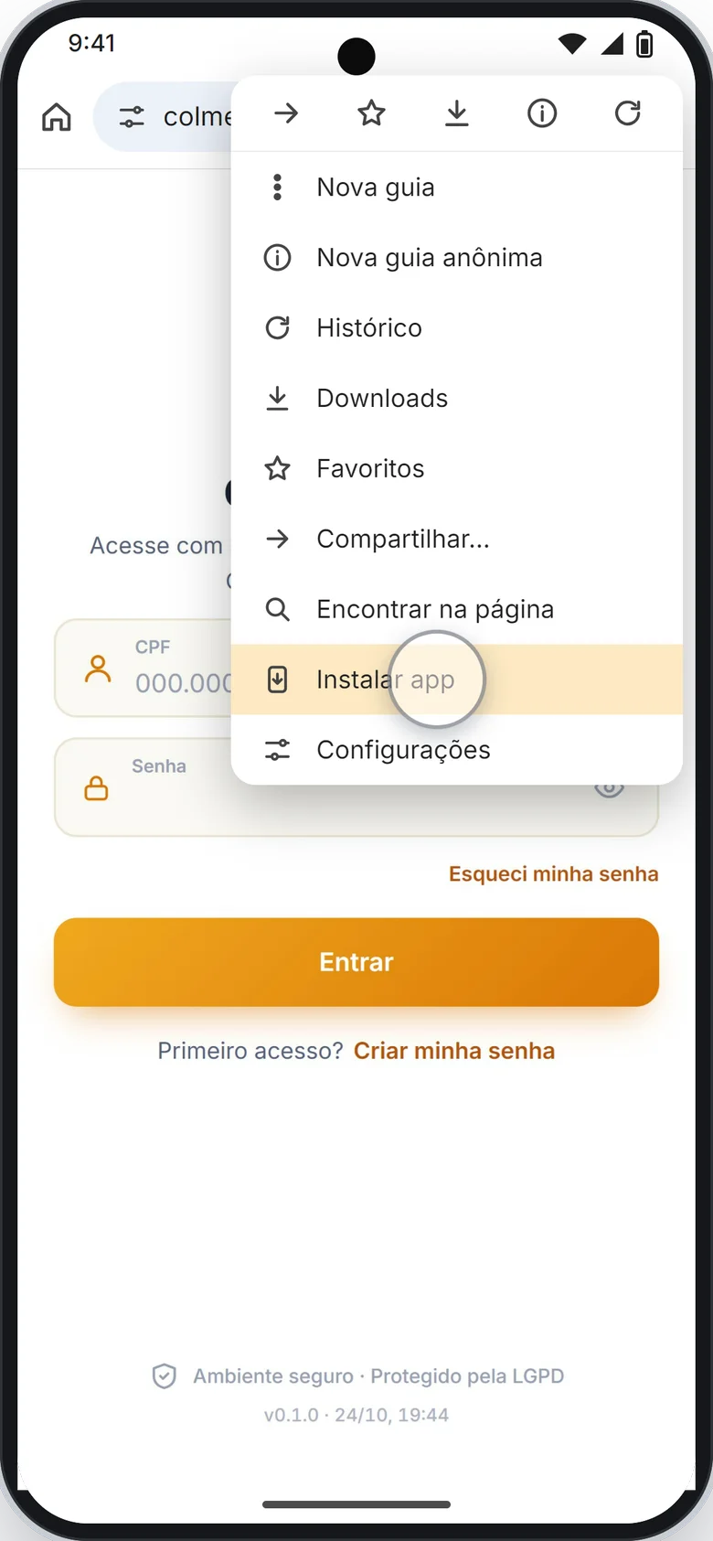 Menu do Chrome com a opção Instalar app em destaque
