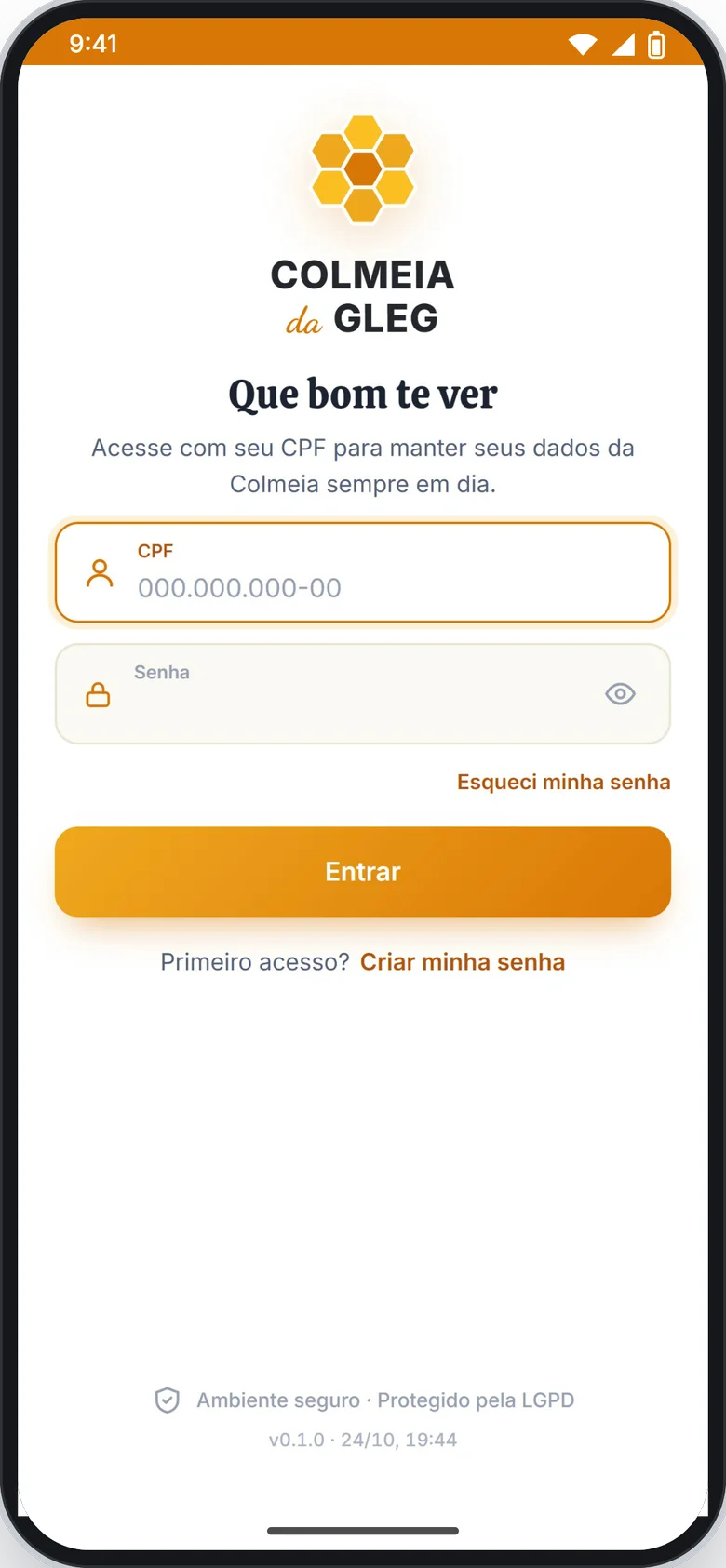 Aplicativo da Colmeia aberto na tela de entrada