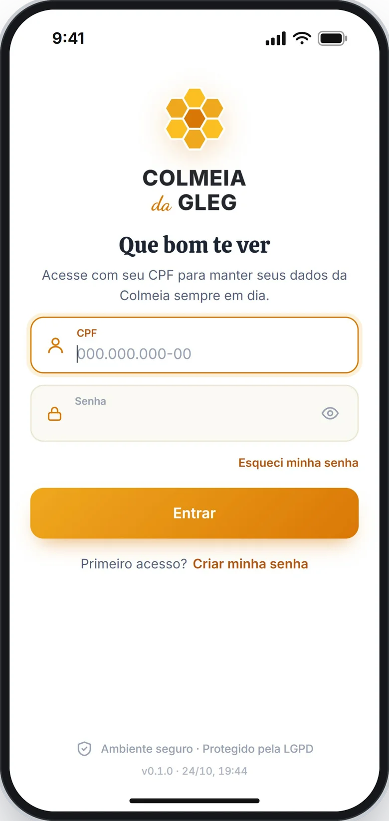 Tela de entrada com o link Criar minha senha embaixo