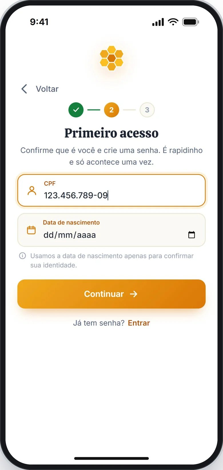Tela Primeiro acesso com o CPF digitado