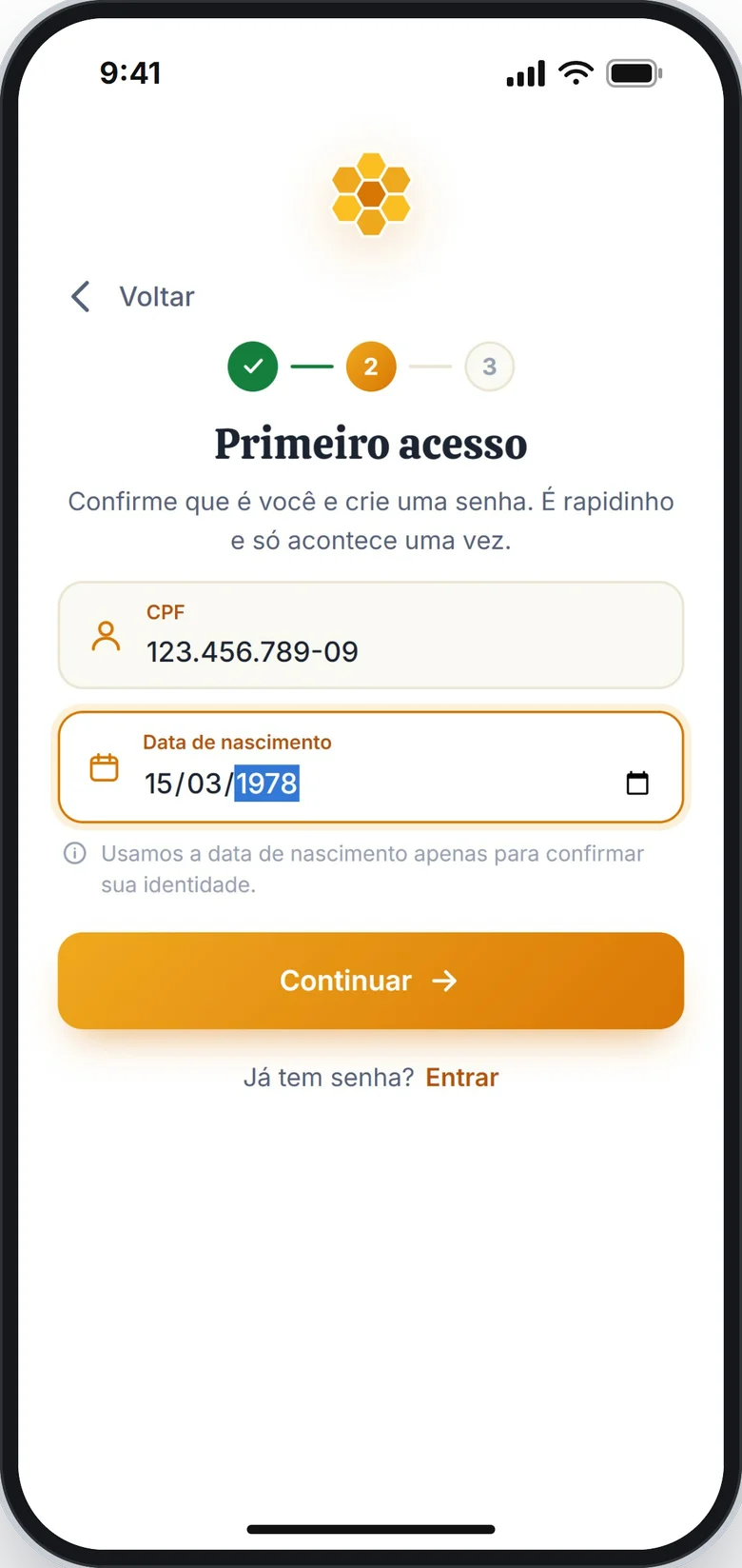 Tela Primeiro acesso com o CPF e a data de nascimento preenchidos