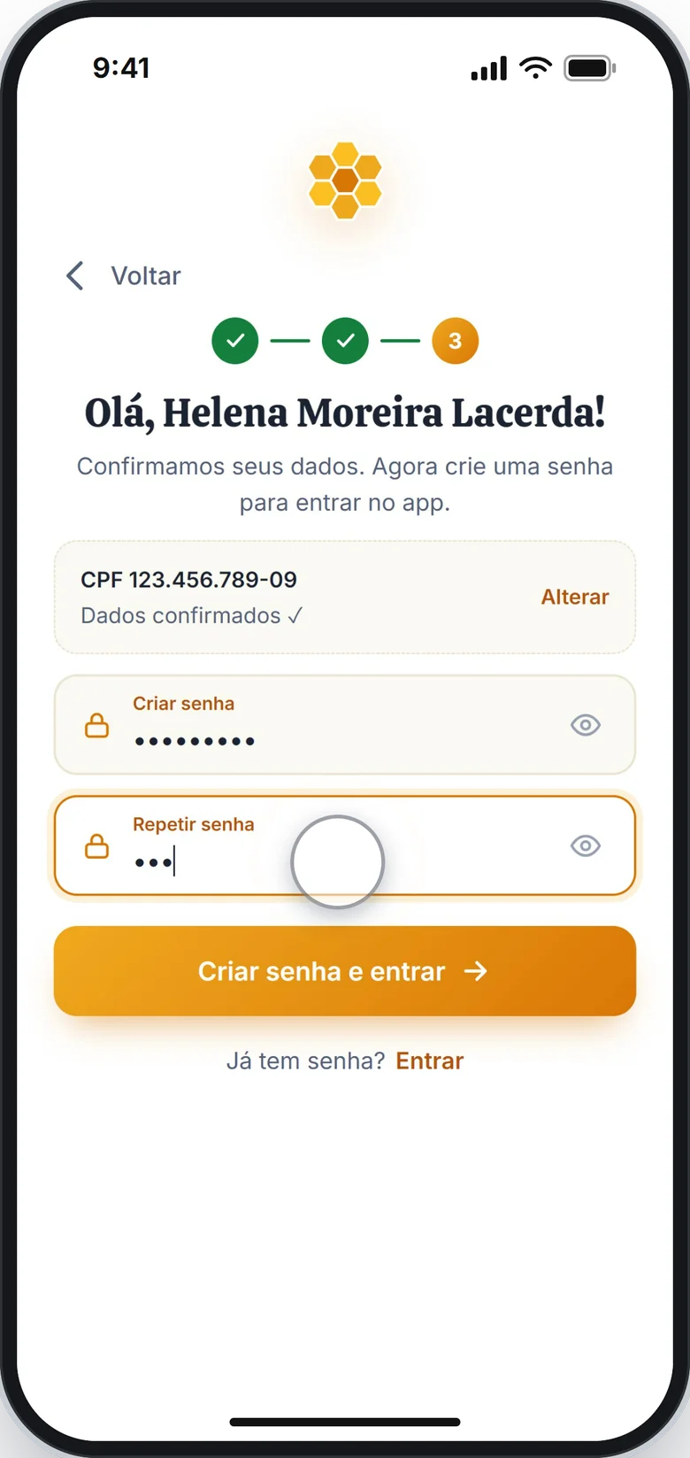 Tela com os dados confirmados e os campos Criar senha e Repetir senha preenchidos