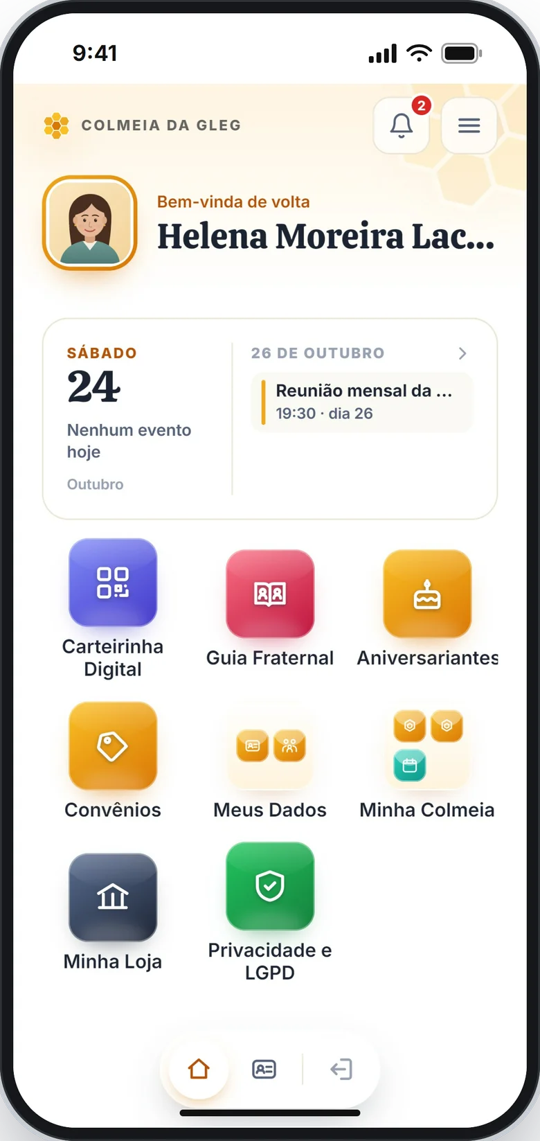 Tela de início do Aplicativo da Colmeia com o nome da cunhada