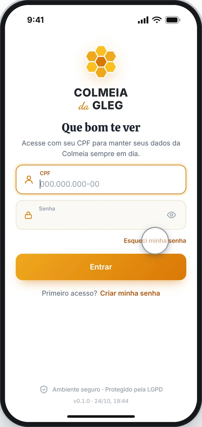 Tela de entrada com o link Esqueci minha senha em destaque