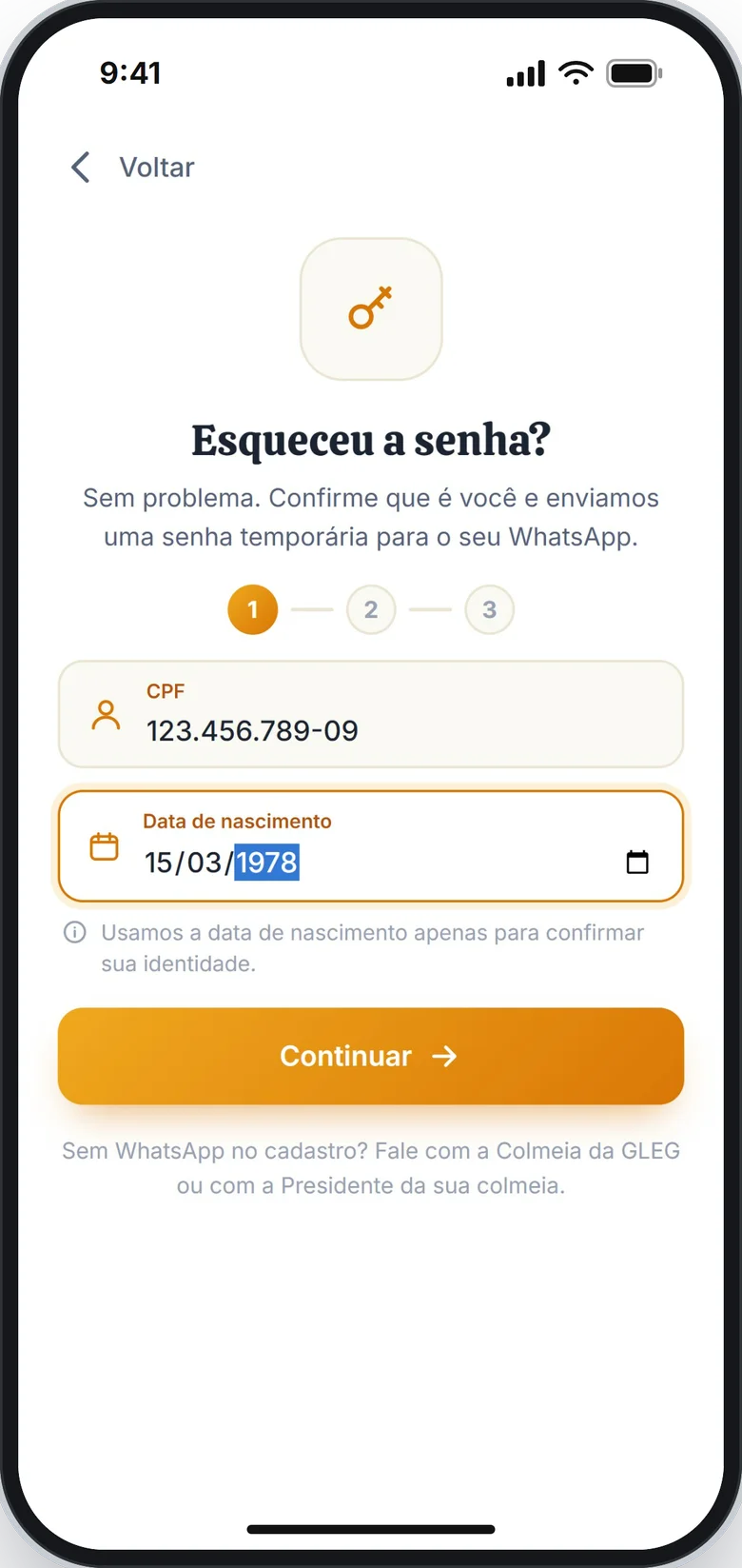 Tela Esqueceu a senha com o CPF e a data de nascimento preenchidos