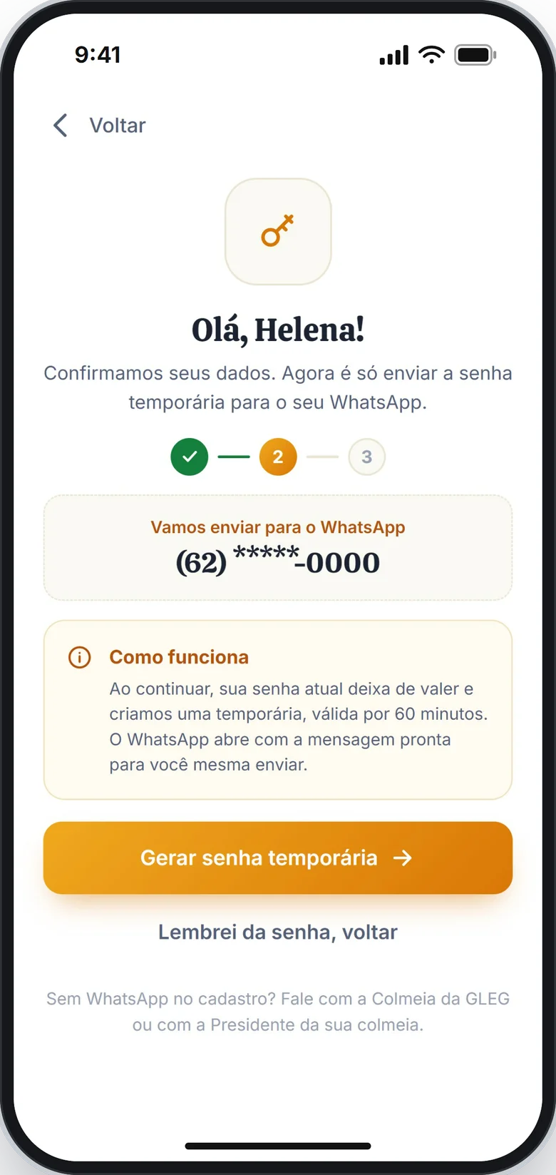 Tela com o número do WhatsApp e o botão Gerar senha temporária