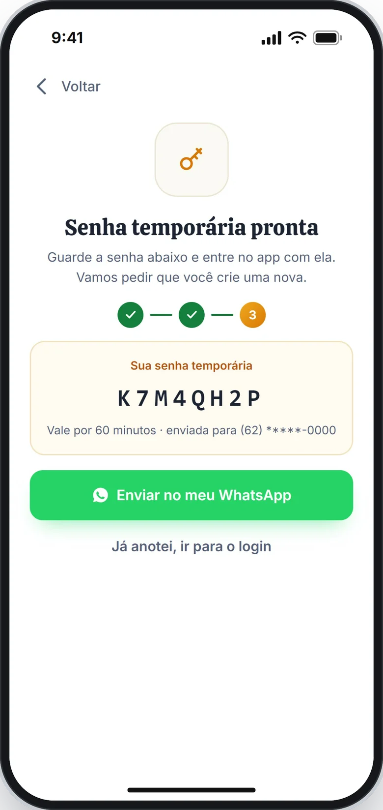 Tela Senha temporária pronta, com a senha e o botão Enviar no meu WhatsApp