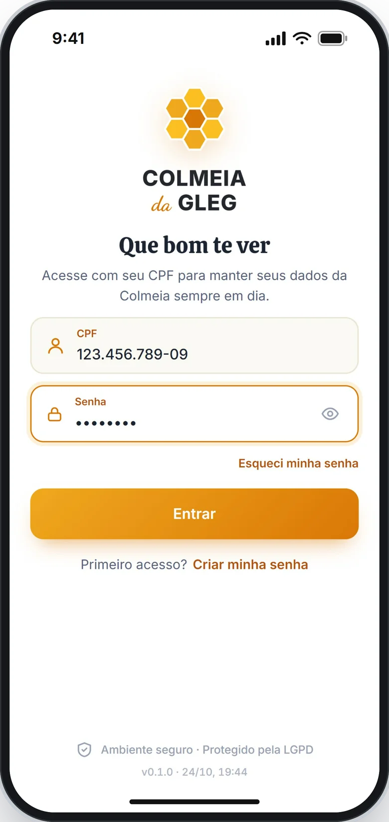 Tela de entrada com o CPF e a senha temporária preenchidos