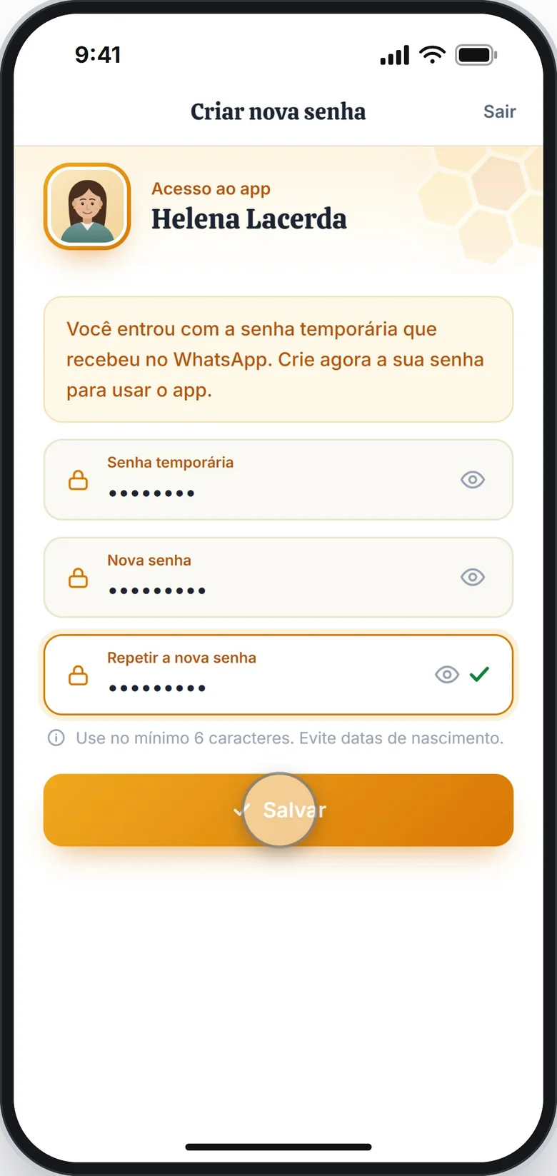 Tela Criar nova senha com os campos Senha temporária, Nova senha e Repetir a nova senha