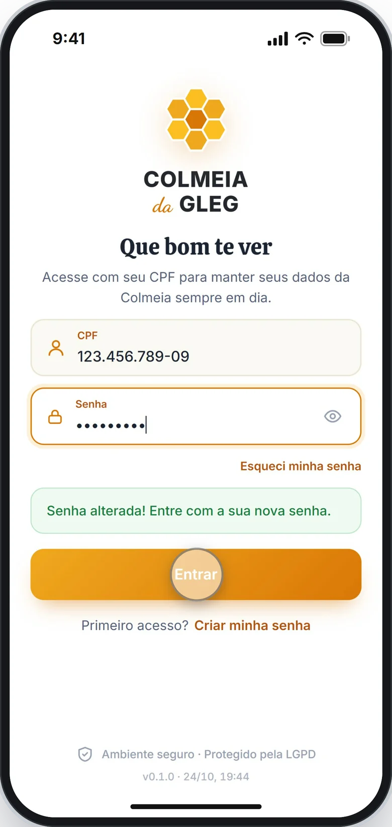 Tela de entrada com o aviso Senha alterada