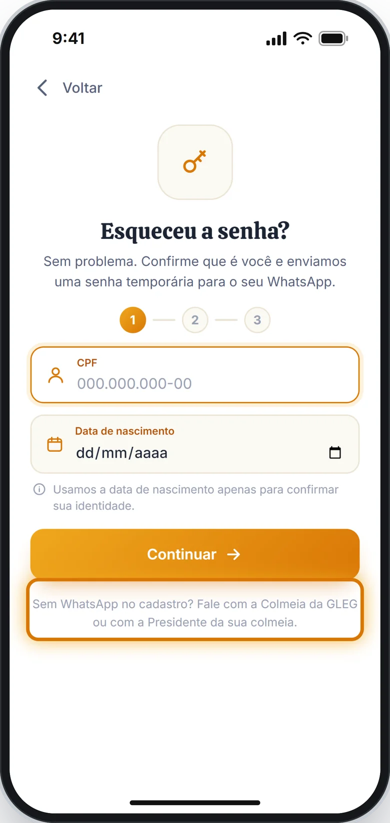 Tela Esqueceu a senha com o aviso para quem não tem WhatsApp no cadastro