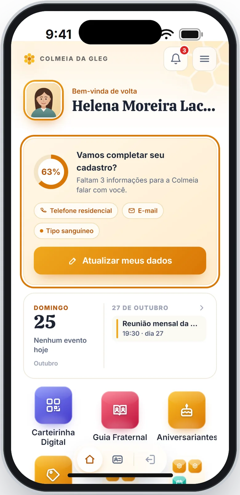 Tela de início com o cartão do cadastro em destaque, mostrando 63% e as informações que faltam