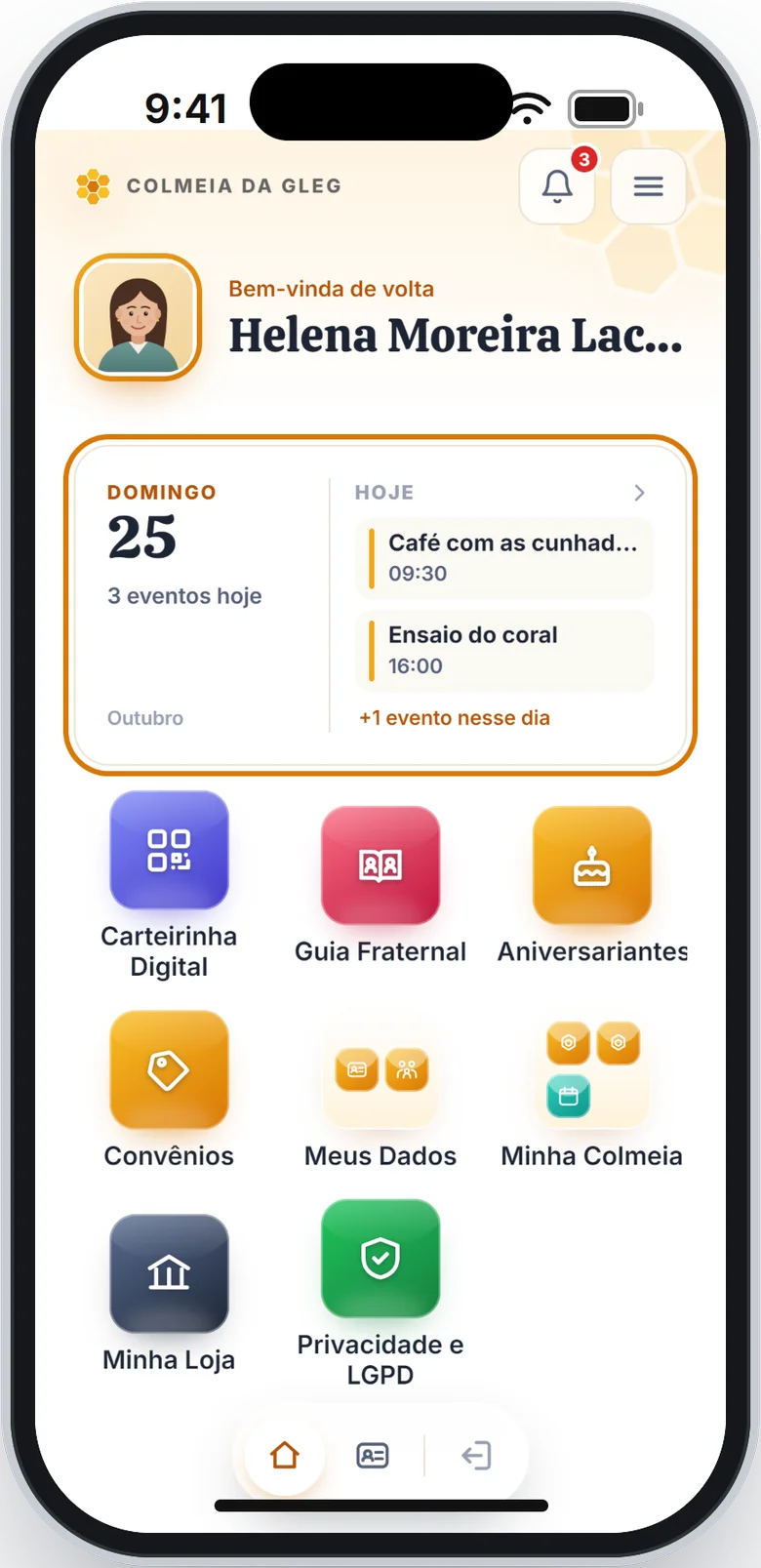 Cartão da agenda com 3 eventos hoje, dois listados e o aviso +1 evento nesse dia