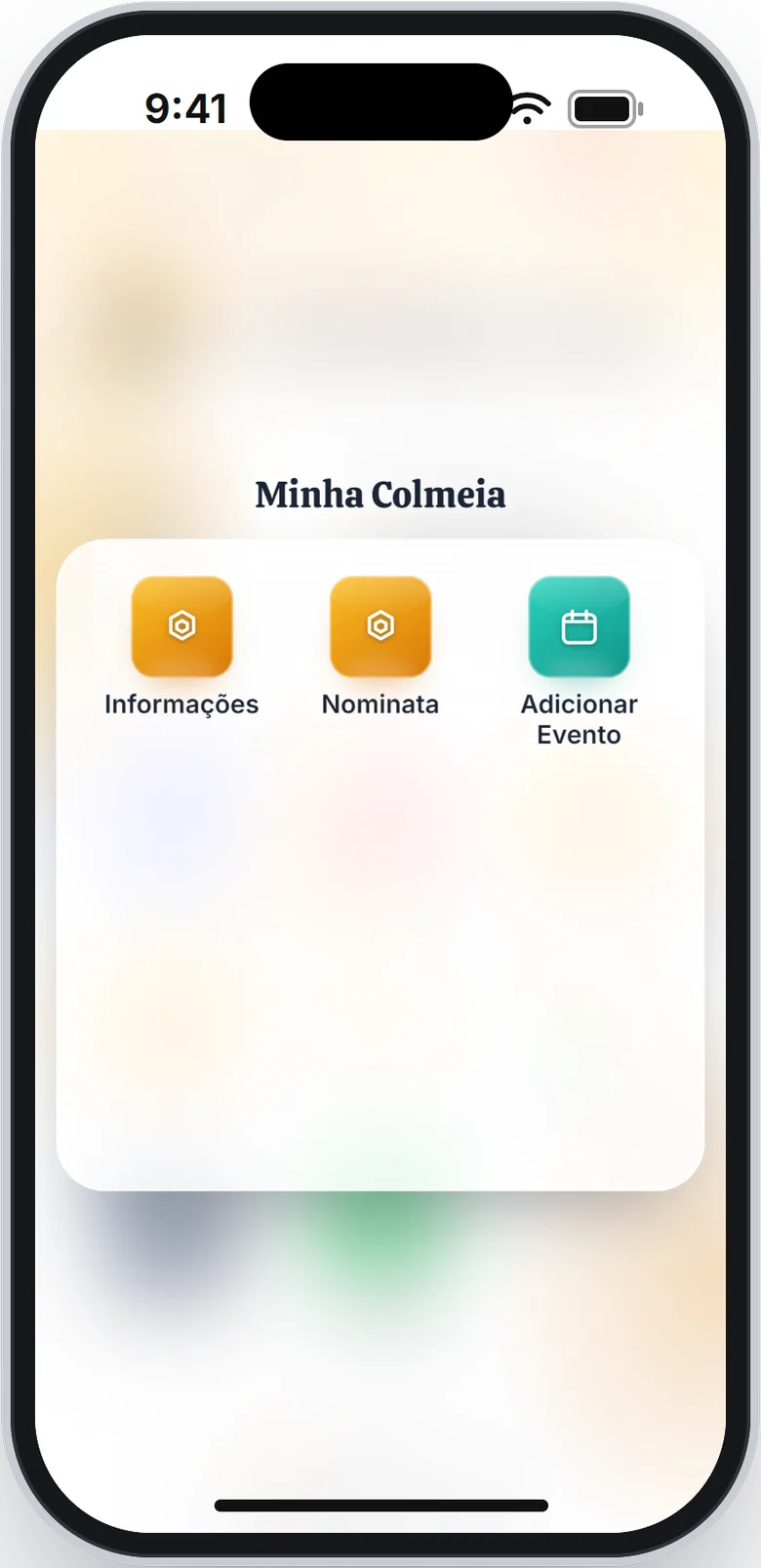 Pasta Minha Colmeia aberta, com as opções Informações, Nominata e Adicionar Evento