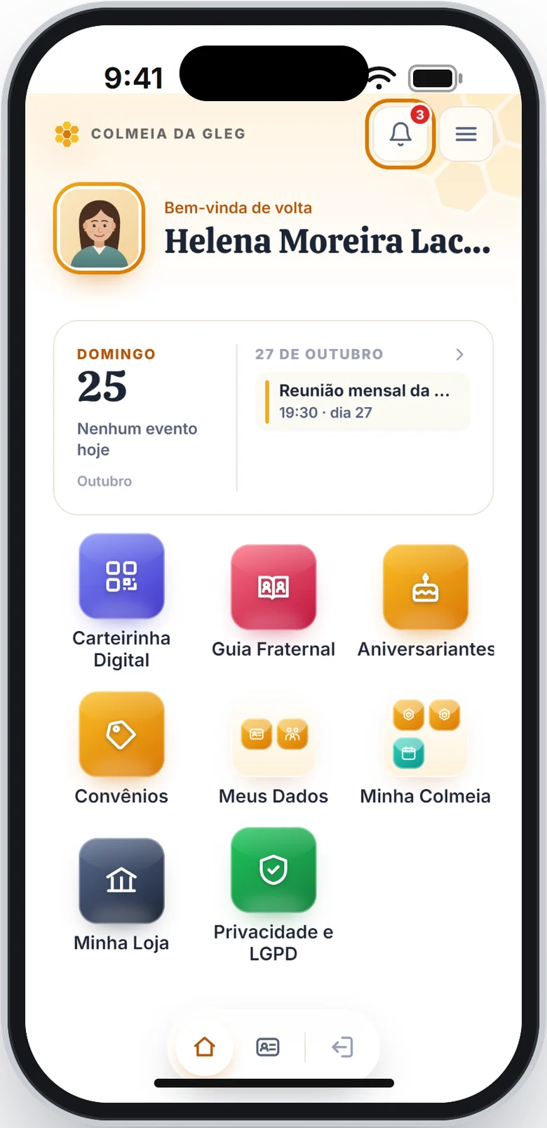 Tela de início com o sino em destaque, marcando 3 avisos
