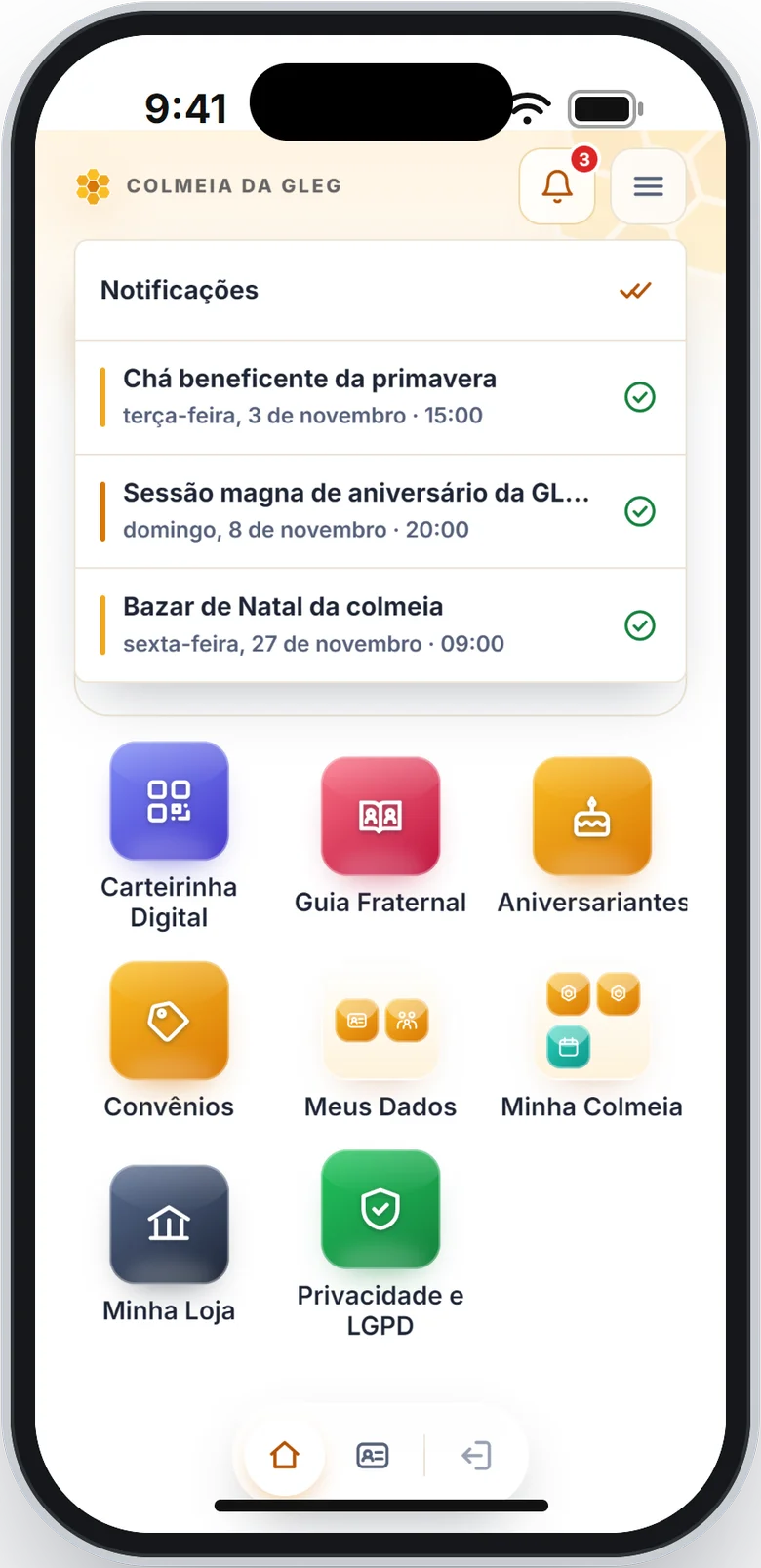 Lista Notificações com três eventos, cada um com a data, a hora e um sinal de visto à direita