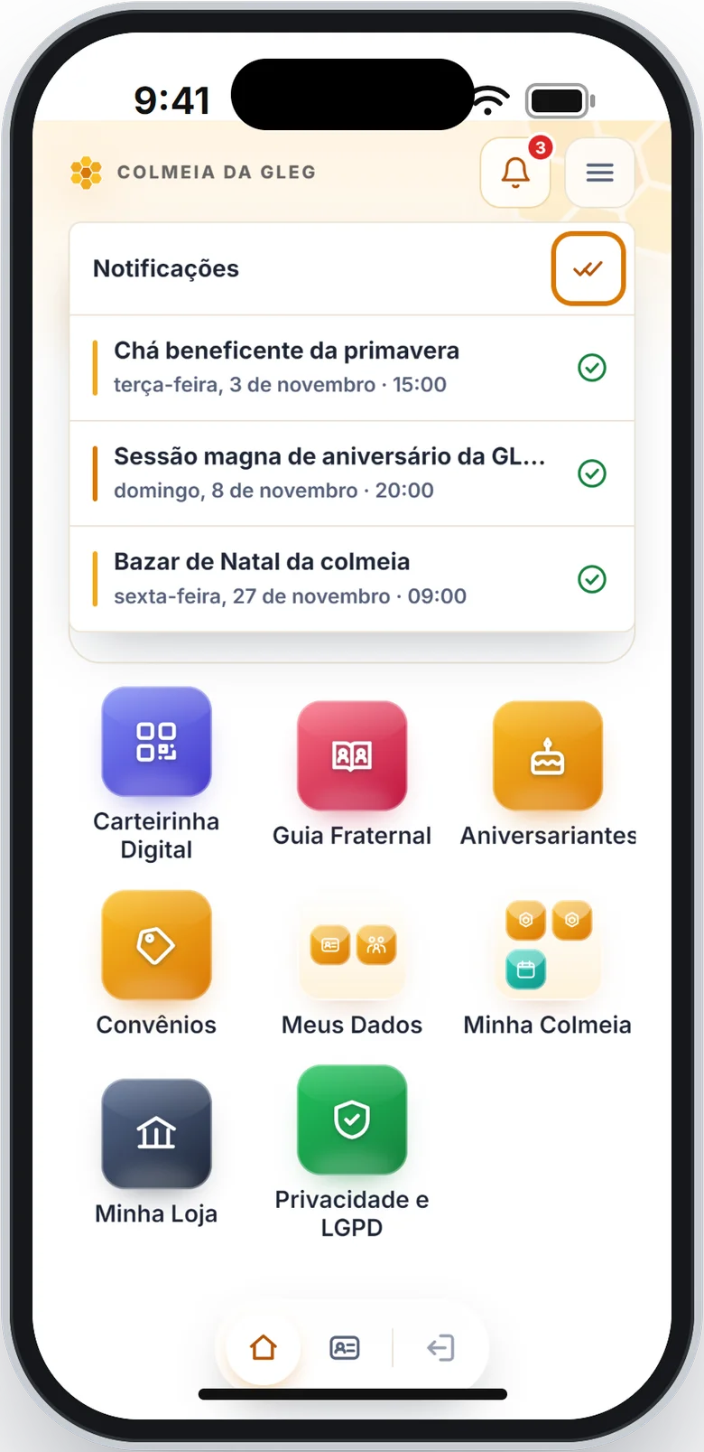 Lista Notificações com o botão de marcar todos como lidos em destaque