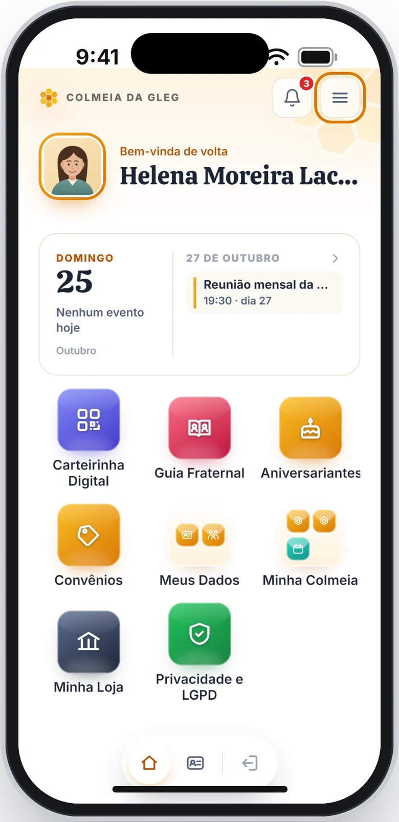 Tela de início com o botão do menu em destaque