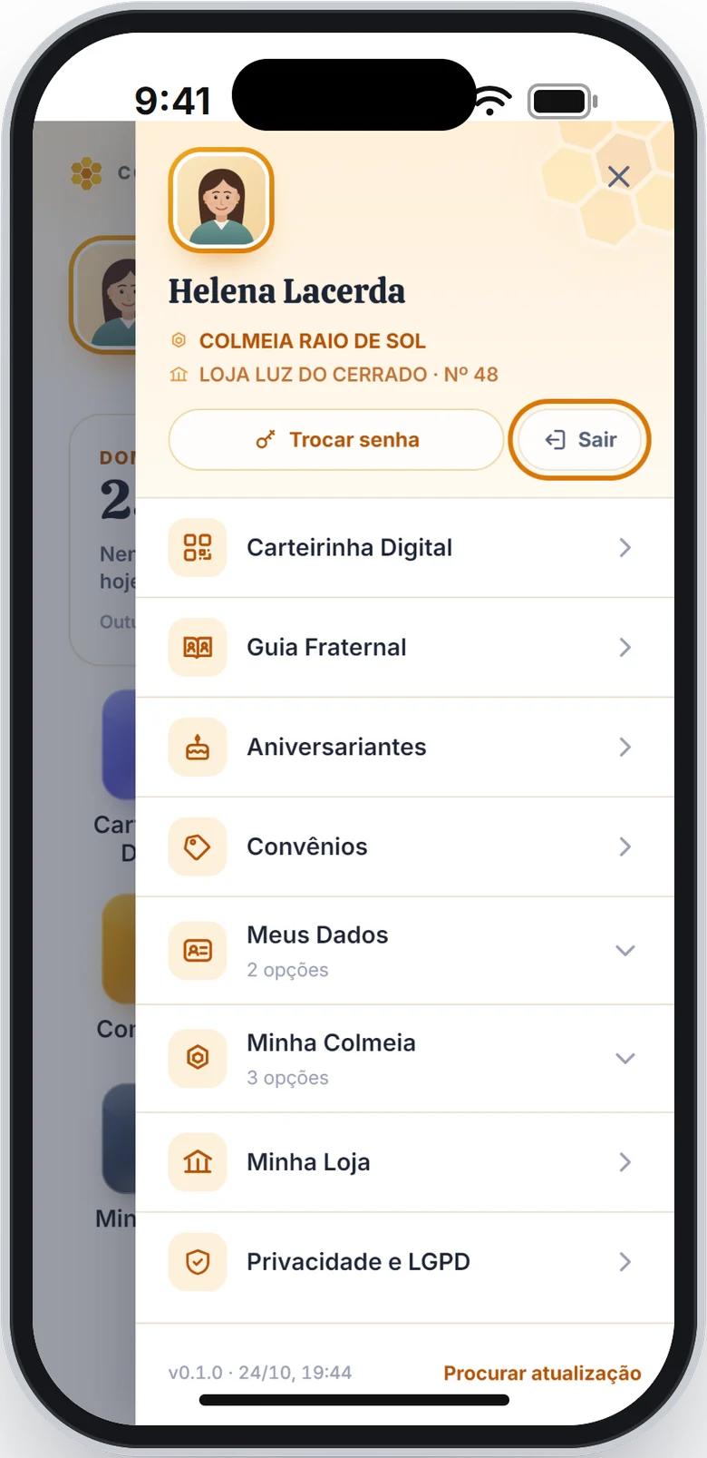 Menu aberto com o botão Sair em destaque
