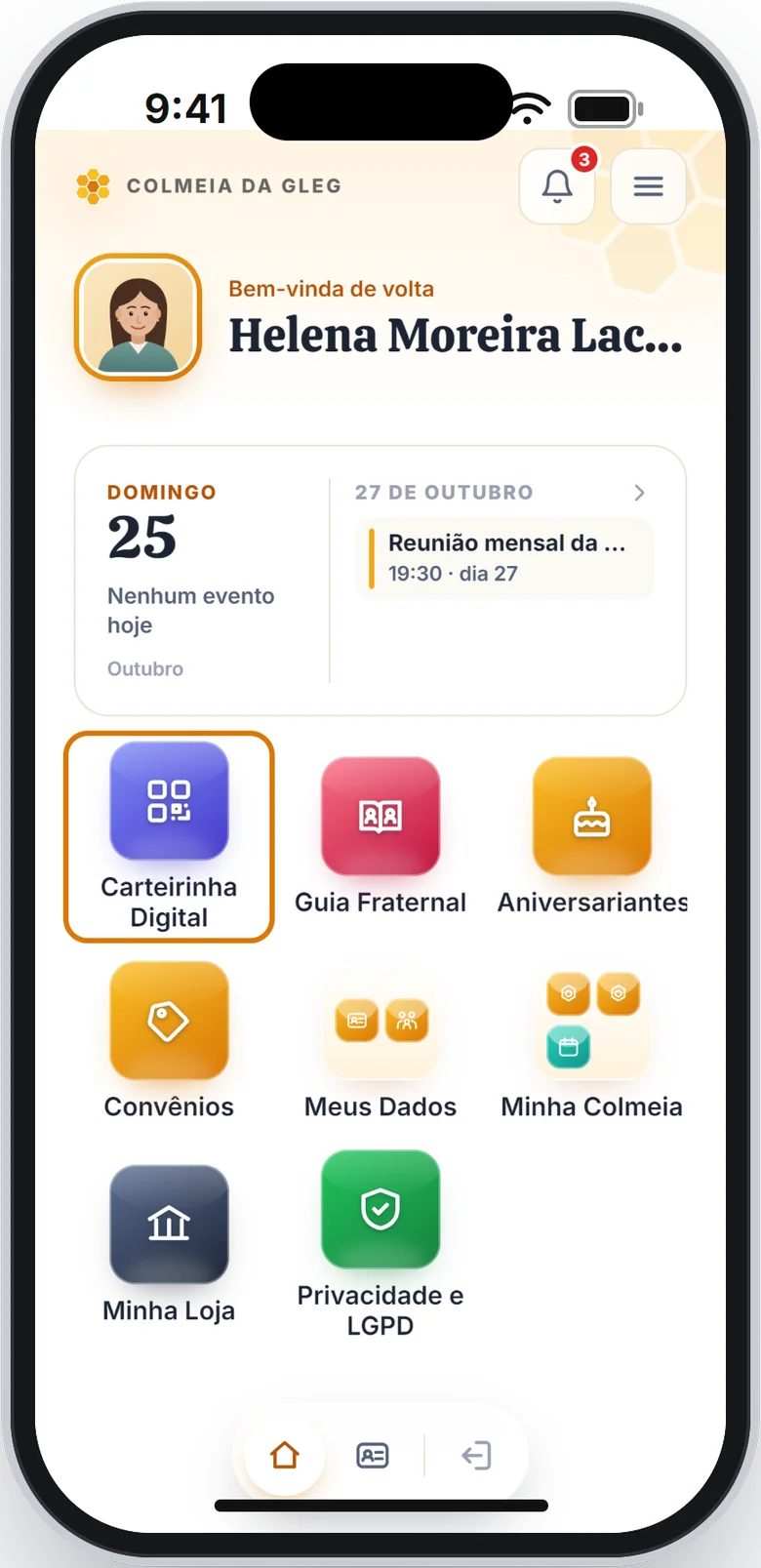 Tela de início com o atalho Carteirinha Digital em destaque