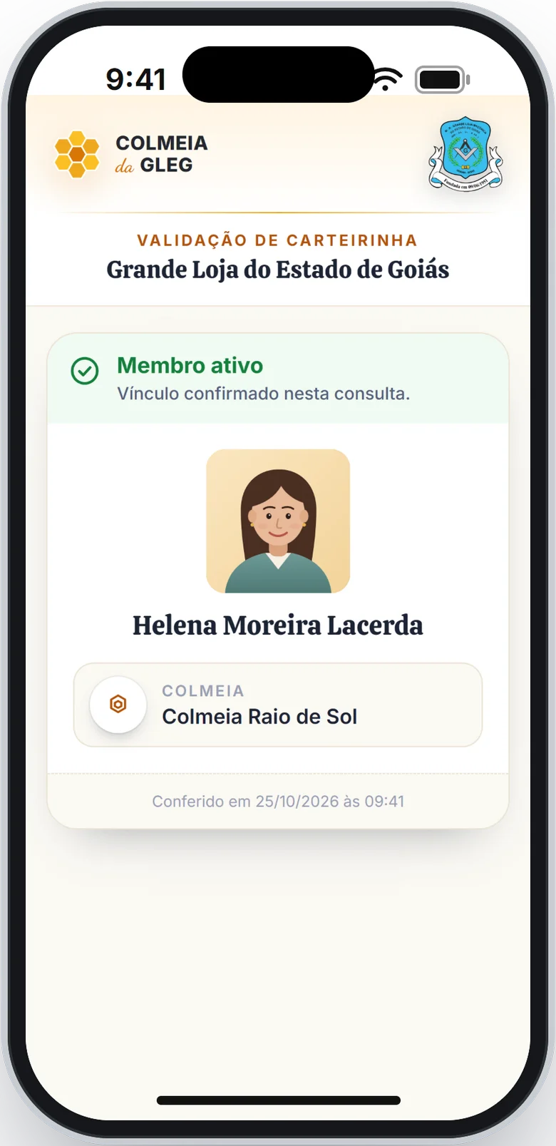 Página Validação de carteirinha com o resultado Membro ativo, a foto, o nome e a Colmeia