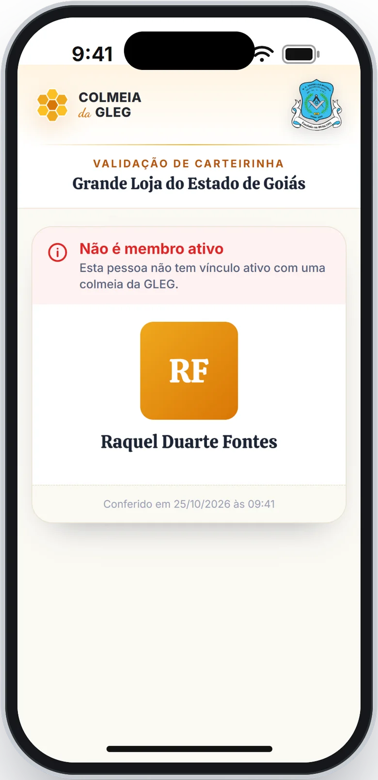 Página Validação de carteirinha com o resultado Não é membro ativo