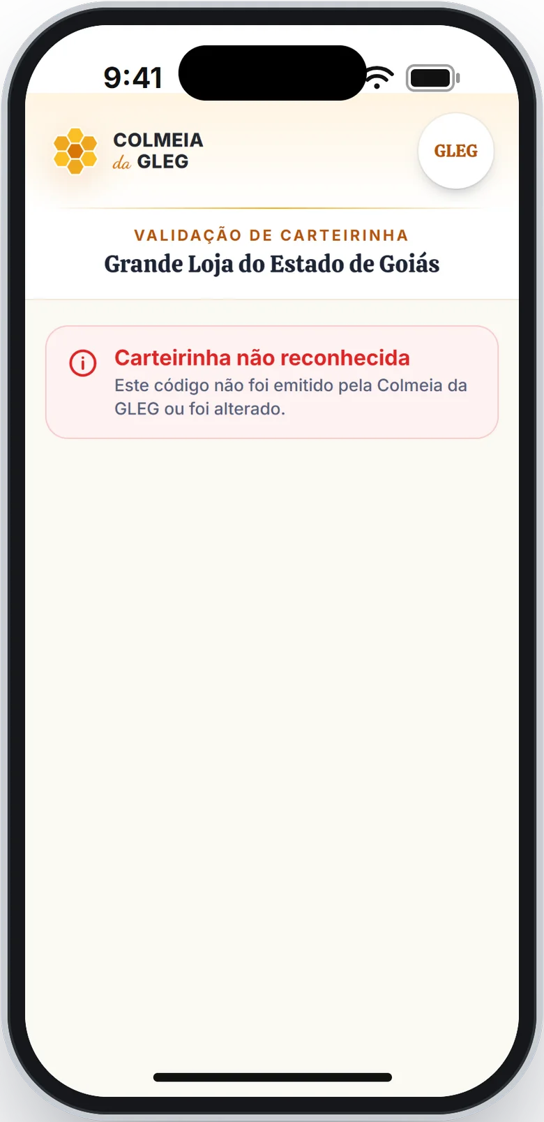 Página Validação de carteirinha com o aviso Carteirinha não reconhecida