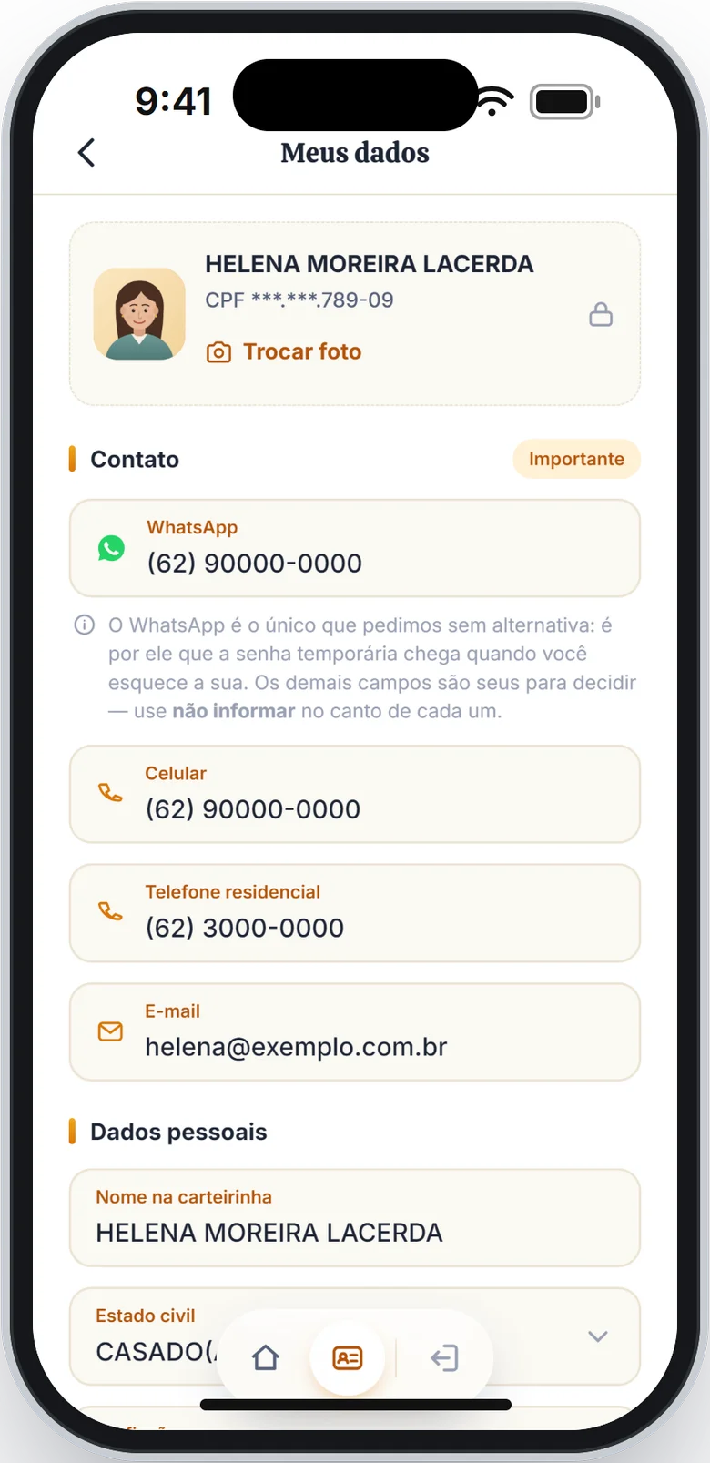 Tela Meus dados com o cartão do nome e a parte Contato