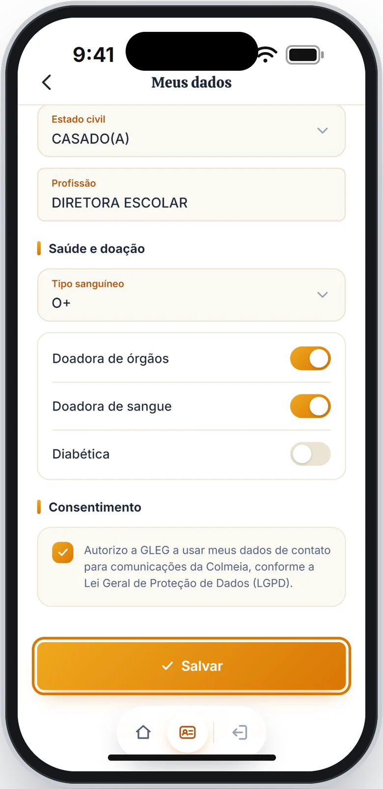 Fim da tela Meus dados com o botão Salvar em destaque