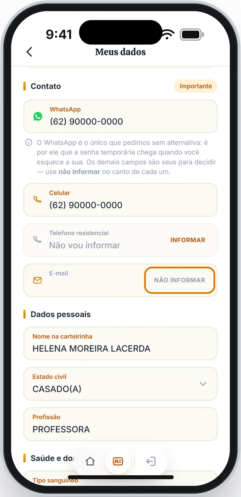 Campo E-mail vazio com o botão Não informar em destaque e o Telefone residencial marcado como Não vou informar