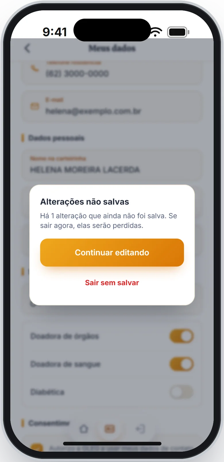 Aviso Alterações não salvas, com os botões Continuar editando e Sair sem salvar