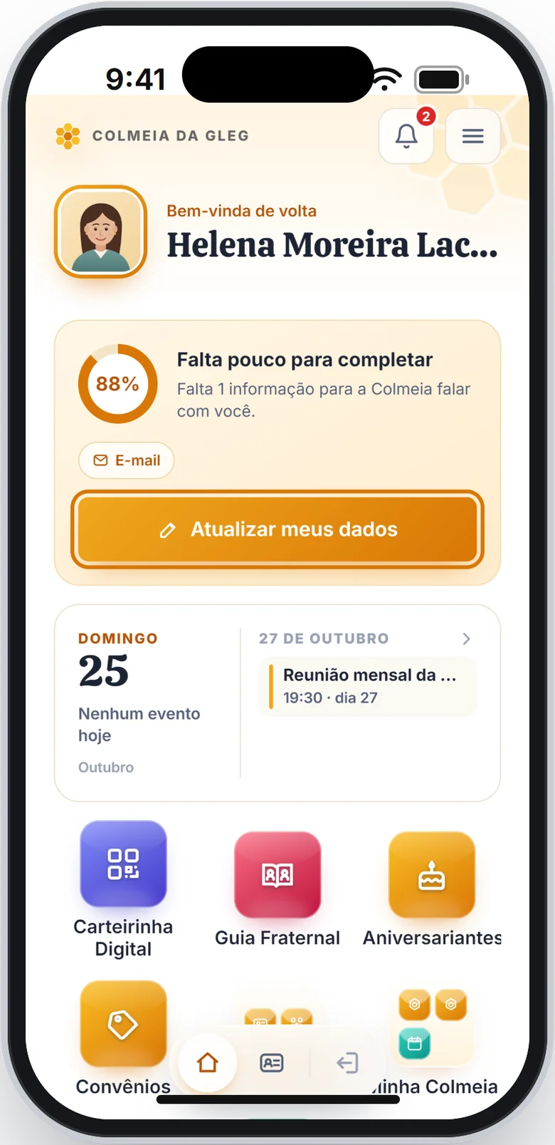 Tela de início com o quadro Falta pouco para completar e o botão Atualizar meus dados em destaque