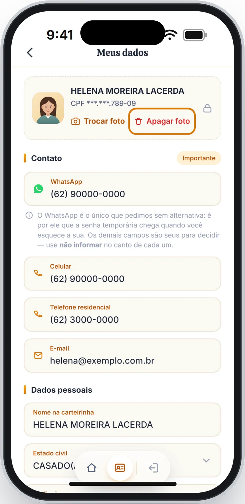 Cartão do nome com os botões Trocar foto e Apagar foto, este em destaque
