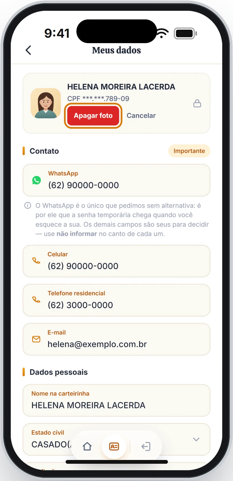 Cartão do nome com o botão vermelho Apagar foto em destaque e o botão Cancelar