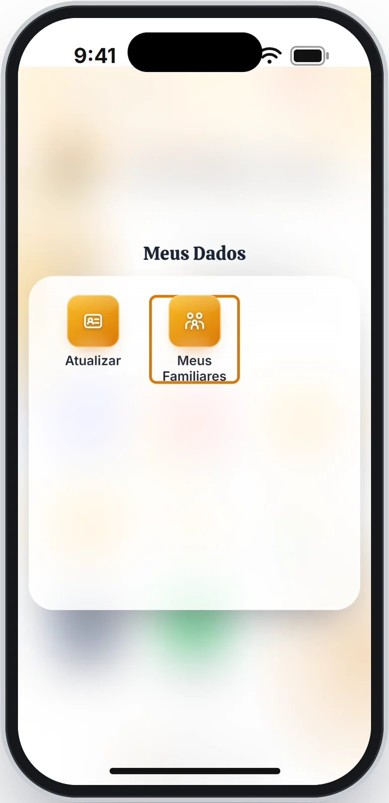Pasta Meus Dados aberta, com Atualizar e Meus Familiares, este em destaque