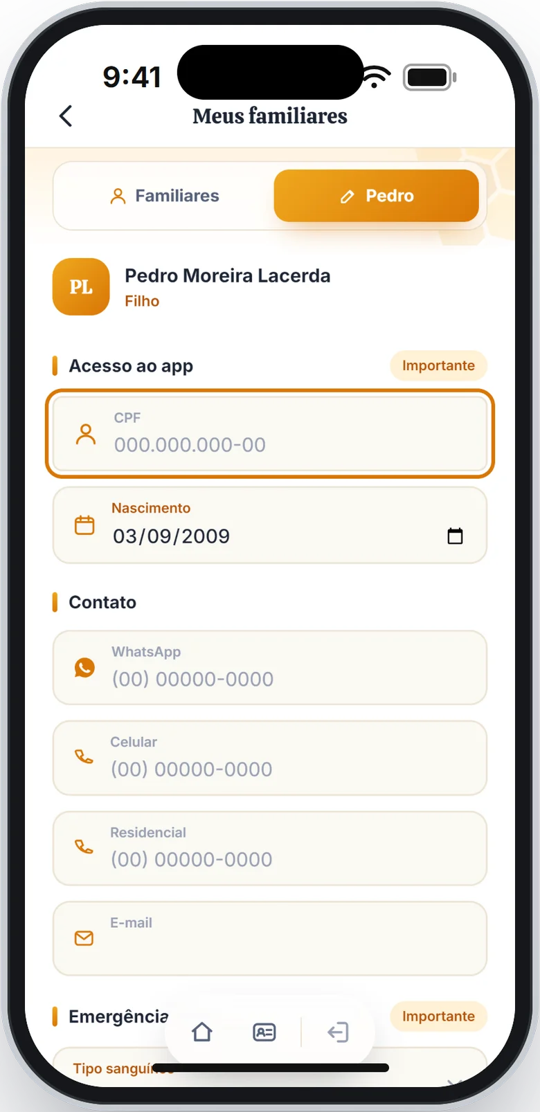 Dados de Pedro, com o campo CPF vazio em destaque na parte Acesso ao app