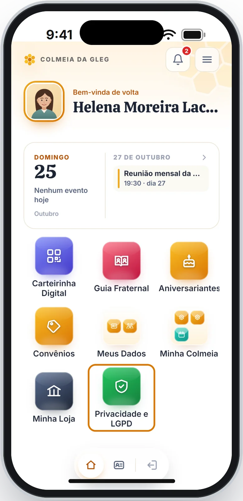 Tela de início com o atalho Privacidade e LGPD em destaque