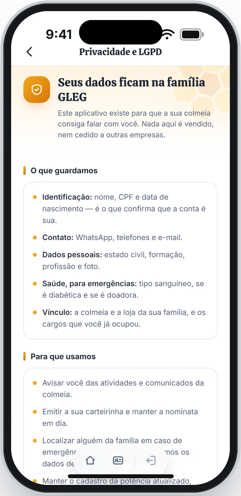 Início da tela Privacidade e LGPD com as partes O que guardamos e Para que usamos