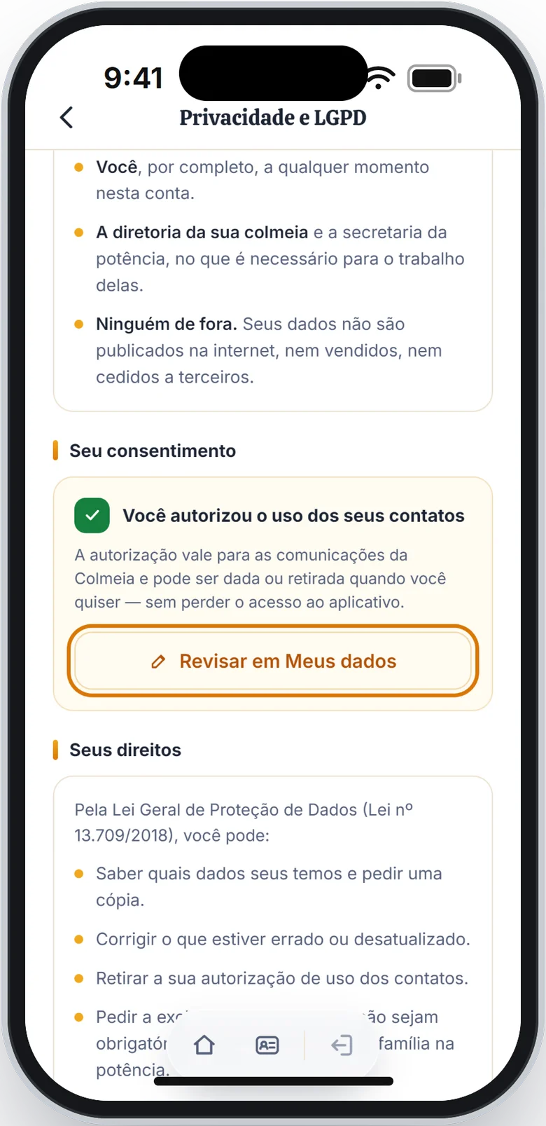 Parte Seu consentimento com o botão Revisar em Meus dados em destaque