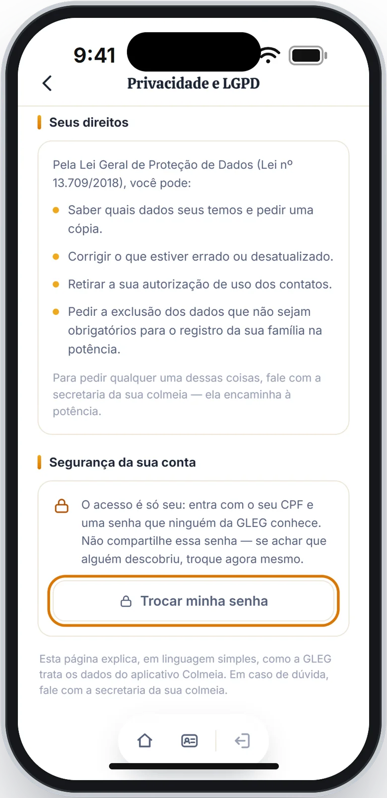 Partes Seus direitos e Segurança da sua conta, com o botão Trocar minha senha em destaque