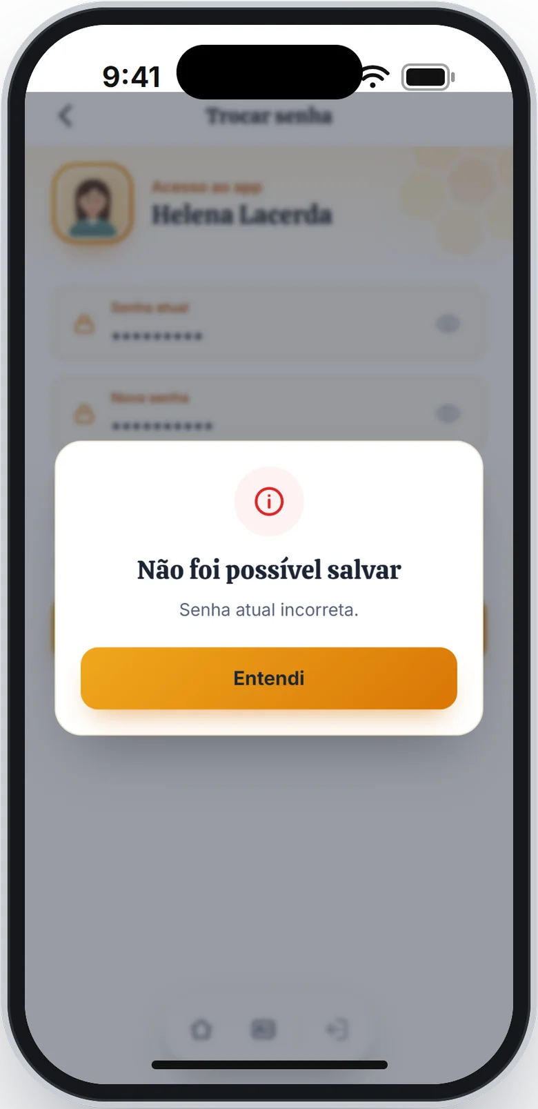 Aviso Não foi possível salvar, com a mensagem Senha atual incorreta.