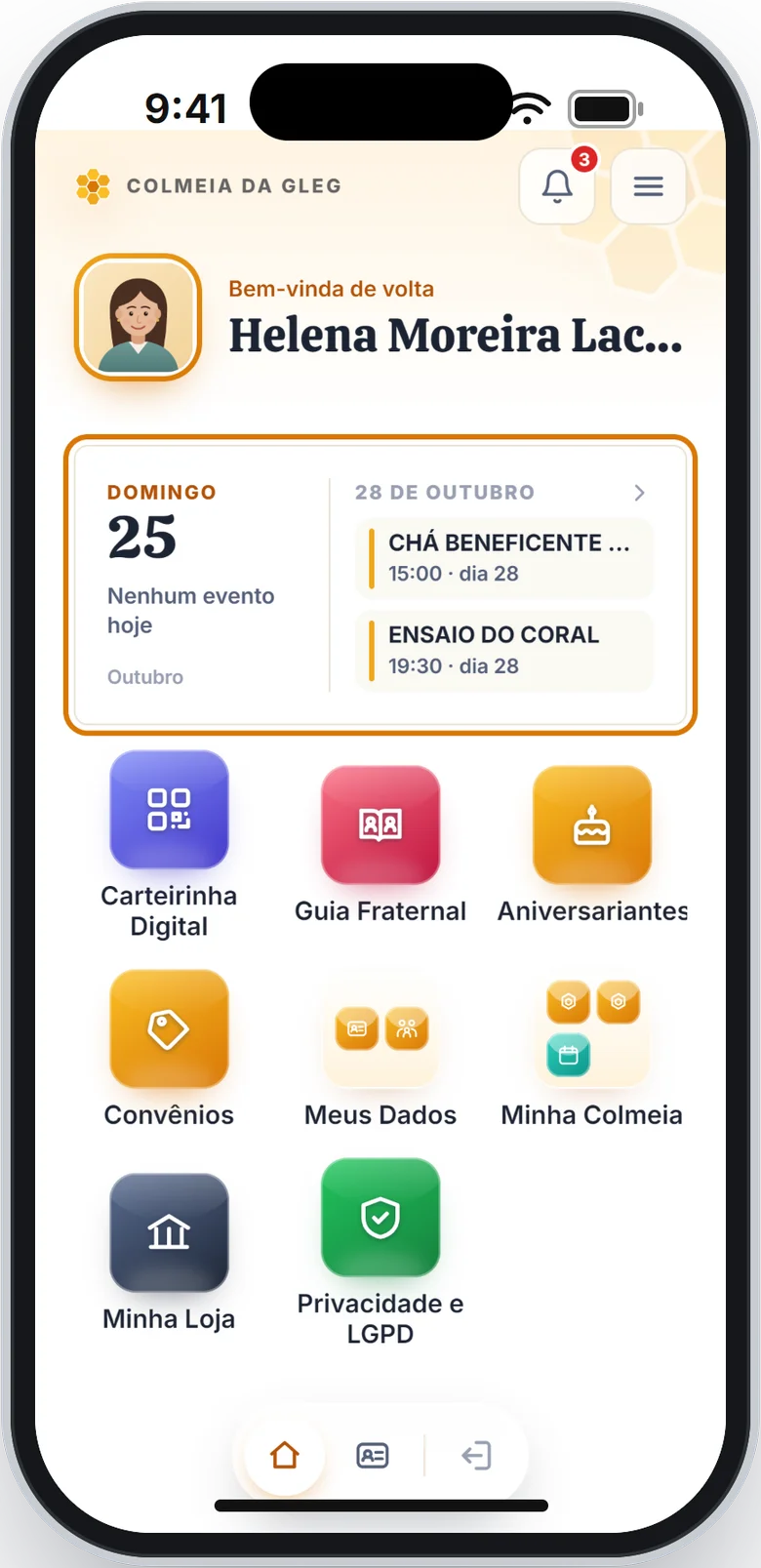 Tela de início com o cartão da agenda em destaque