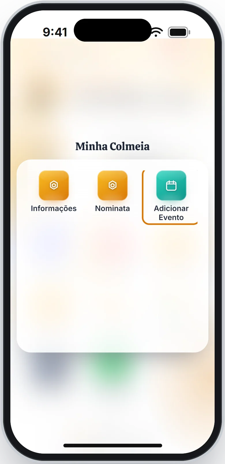 Pasta Minha Colmeia aberta, com a opção Adicionar Evento em destaque