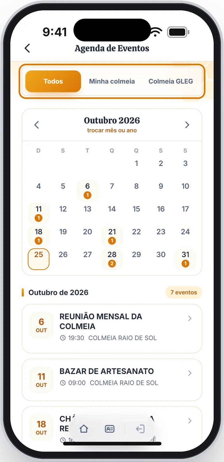Agenda de Eventos com os filtros Todos, Minha colmeia e Colmeia GLEG em destaque, e o calendário do mês
